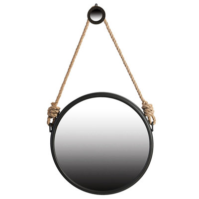 Contemporary Handsome Mirror - 19.5" With Rope Strap & Grey Metal Frame For Wall Decor, Bathroom Entryway