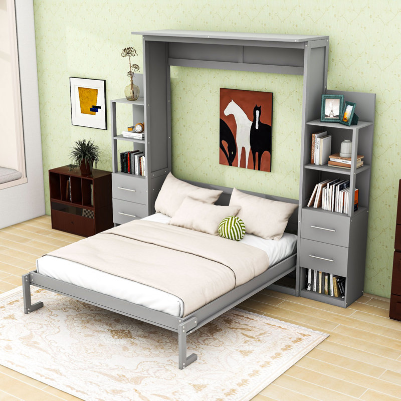 Murphy Wall Bed with Built-in Shelves and Soft LED Lighting, Queen, Gray