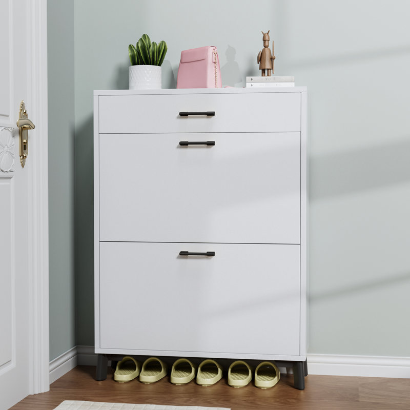 Meuble à chaussures de couloir - 2 tiroirs rabattables, rangement caché, blanc, armoire de vestibule de construction avec tiroirs en blanc: espace supplémentaire