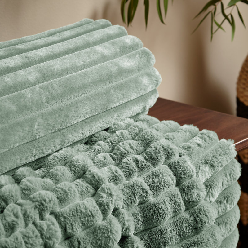 Cosy Ribbed Faux Fur Blanket Throw, Green