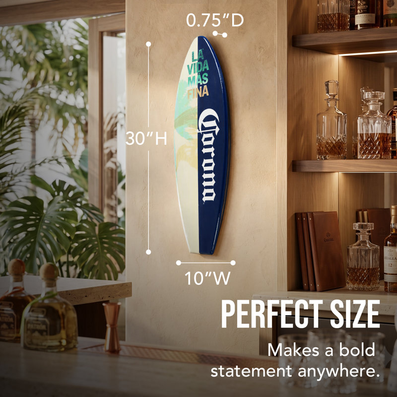 Plaque murale de planche de surf Corona sous licence officielle, panneau mural de panneau de fibres à densité moyenne, 10 po x 30 po