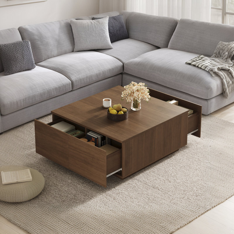 Table basse carrée 33,25 po à 4 tiroirs, Brun