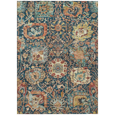 9' X 12' Navy Blue Terra Cotta And Beige Damask Washable Indoor Outdoor Area Rug
