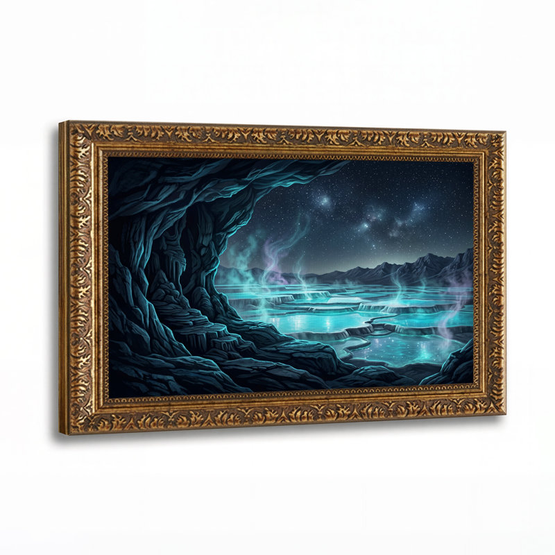Tableau sur toile représentant une vue de grottes aux bassins en terrasses d'un bleu éclatant sous les étoiles, 16"H x 24"W