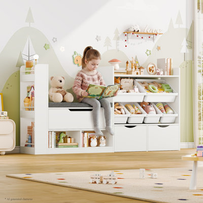 63"W * 35.4"H Kids Bookshelf with Reading Nook, Toddler Bookcase with Rolling Drawers & Removable Bins, Padded Bench for Playroom Organization
