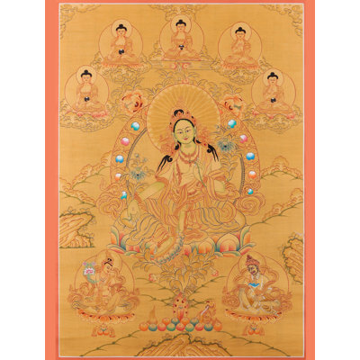 Hand-Painted Green Tara Protection Thangka – 27.6" H × 18.9" W Tibetan Wall Art with Genuine 24K-Gold Leaf for Meditation Corners & Calm, Mindful Décor