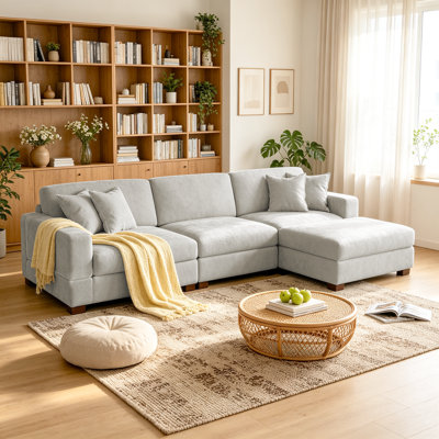 4 - Piece Upholstered Offwhite Chenille Modular Sectional Sofa with Throw Pillows & Removable Ottomans