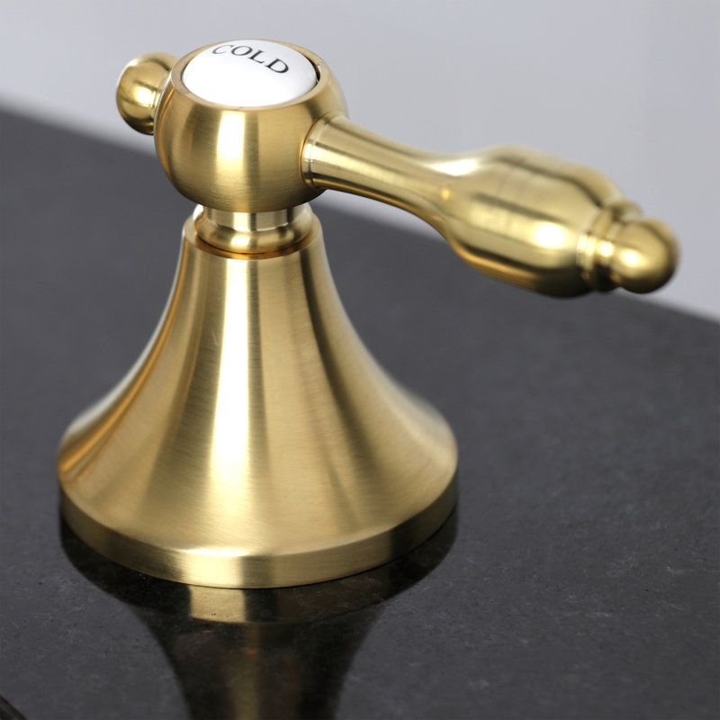 Kingston Brass Tudor Two-Handle 3-Hole Deck Mount Widespread Bathroom Faucet with Brass Pop-Up Drain, Satin Brass