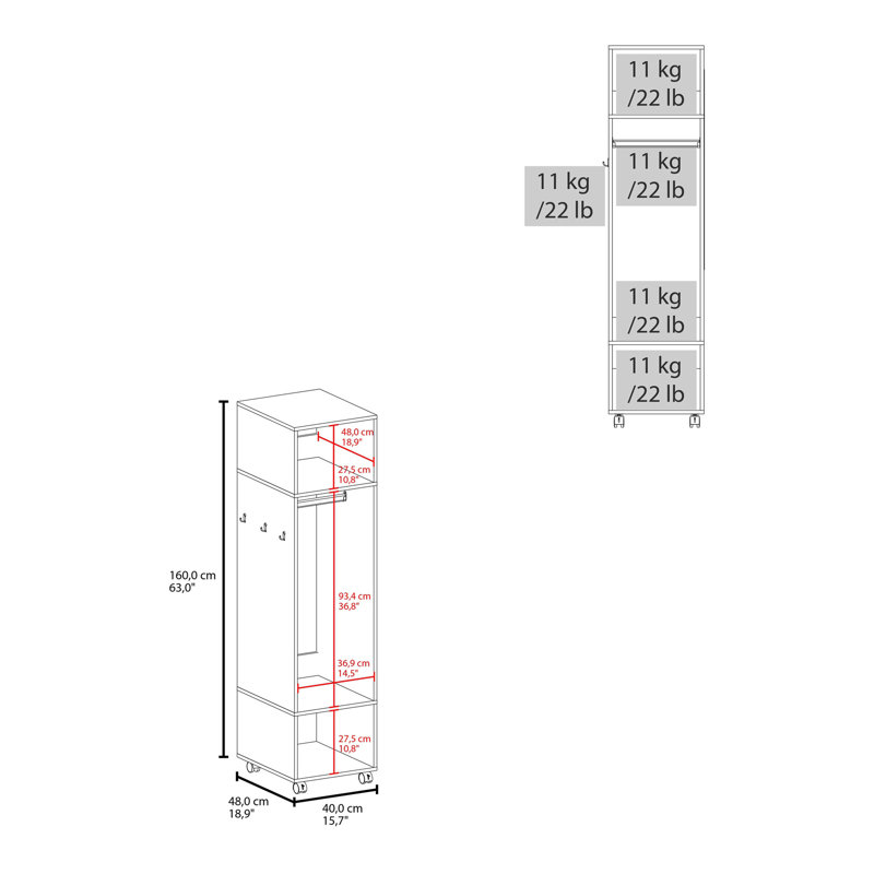 3-Shelf Wardrobe with Mirror and Open Storage, White