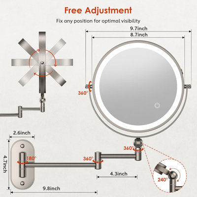 9" Wall Mounted Lighted Makeup Mirror,4000mAh Rechargeable Double Sided 1X/30X Magnifying Mirror with Light