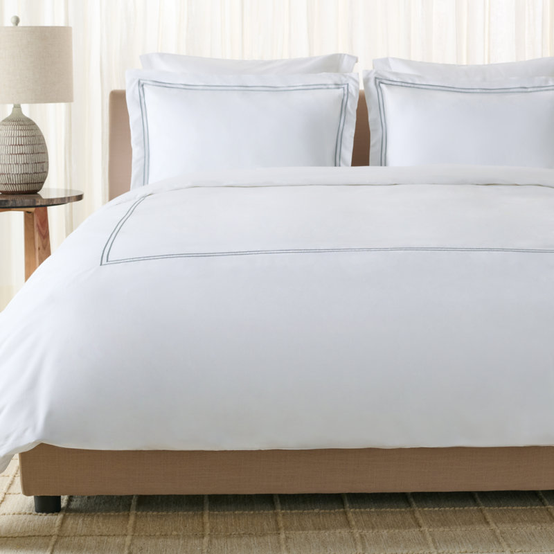 2-Line Embroidered Hotel Duvet Cover 3 Piece, Blue Mist/White, King Duvet Cover + 2 King Pillow Shams