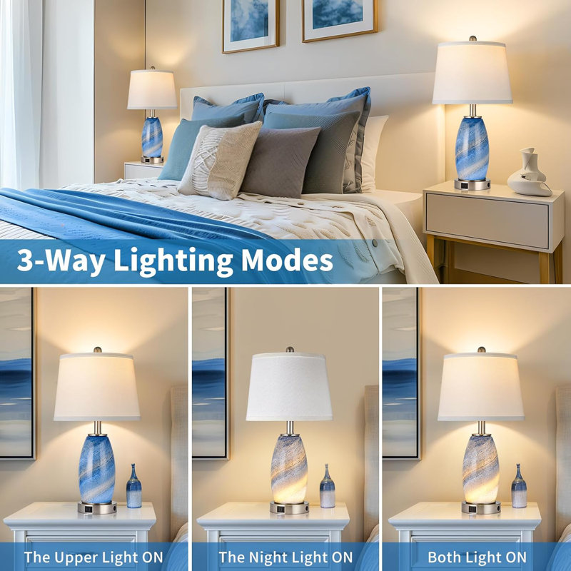 Blue Textured Glass 3-Way Table Lamps with USB Ports, Set of 2