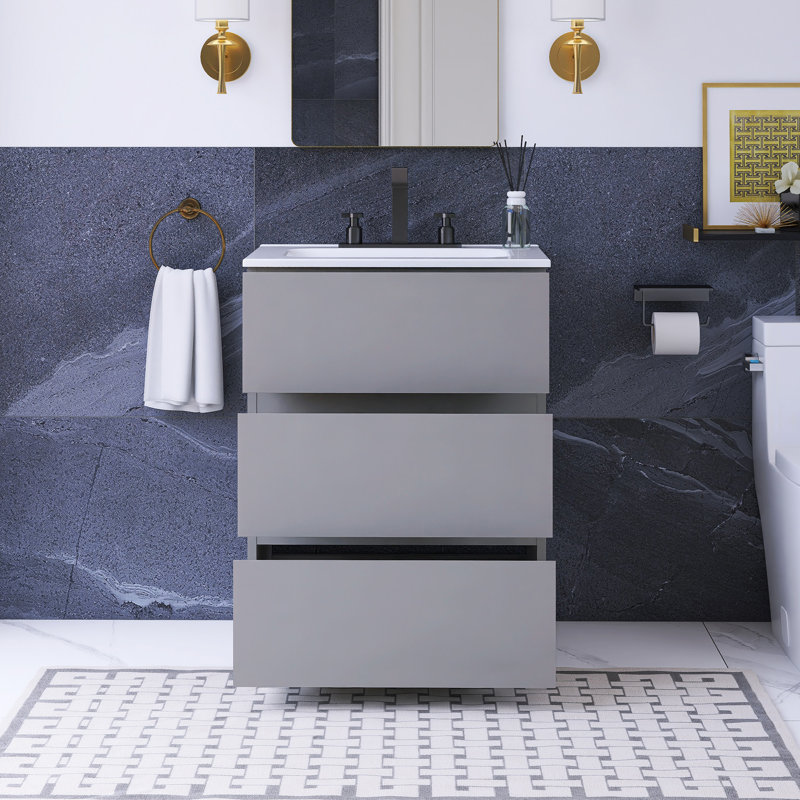24 po W Meuble-lavabo simple avec lavabo et 3 trous de robinet, Gris