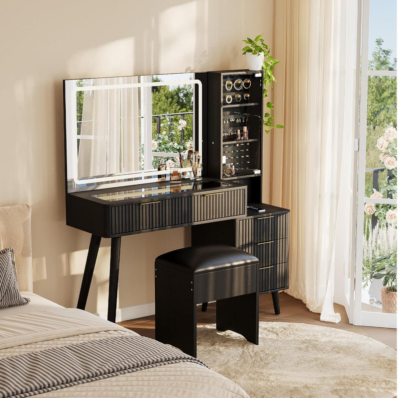 Meuble-lavabo 48 po avec miroir à DEL, station de charge et tabouret de rangement pour chambre à coucher, Noir