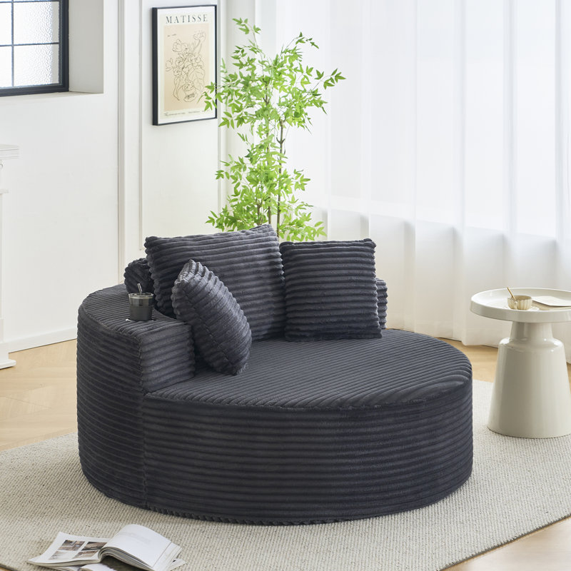 Fauteuil méridienne rond surdimensionné en velours côtelé moderne - Canapé circulaire à assise profonde avec porte-gobelets - Lit douillet et confortable pour le salon ou la chambre - Aucun assemblage requis, gris