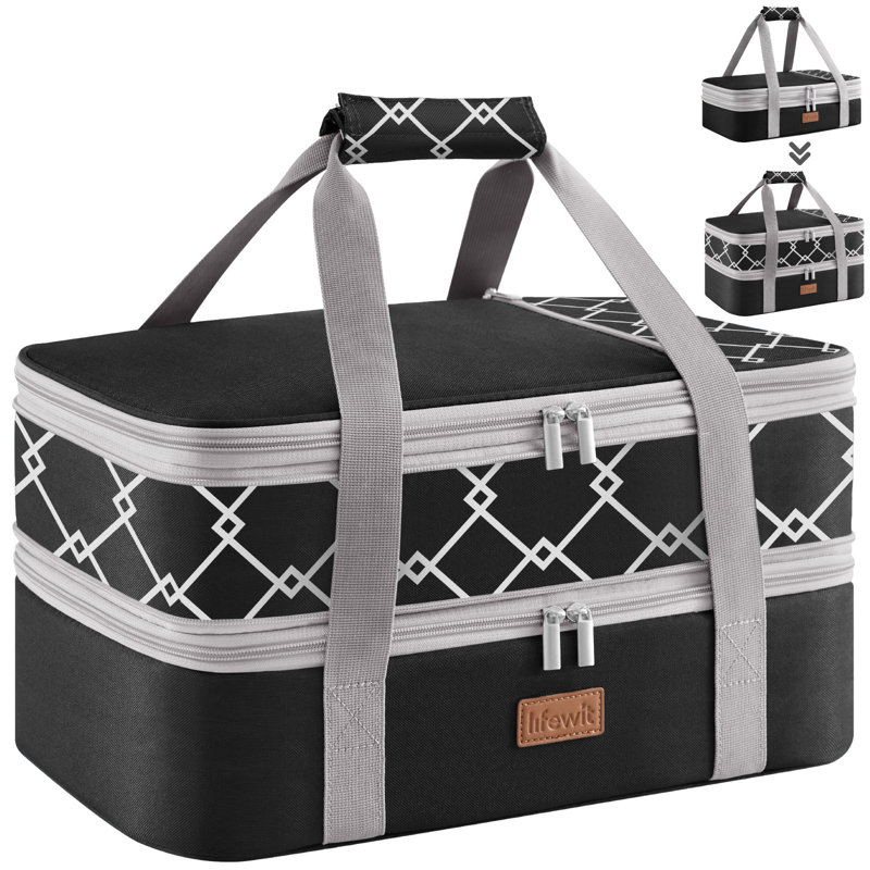 Expandable Insulated Casserole Carrier For Hot Or Cold Food, Double Decker Food Bag Lasagna Holder Carry Tote For Potluck Parties/Picnic/Cookouts, Fits 9"X13" Baking Dish, Geometric