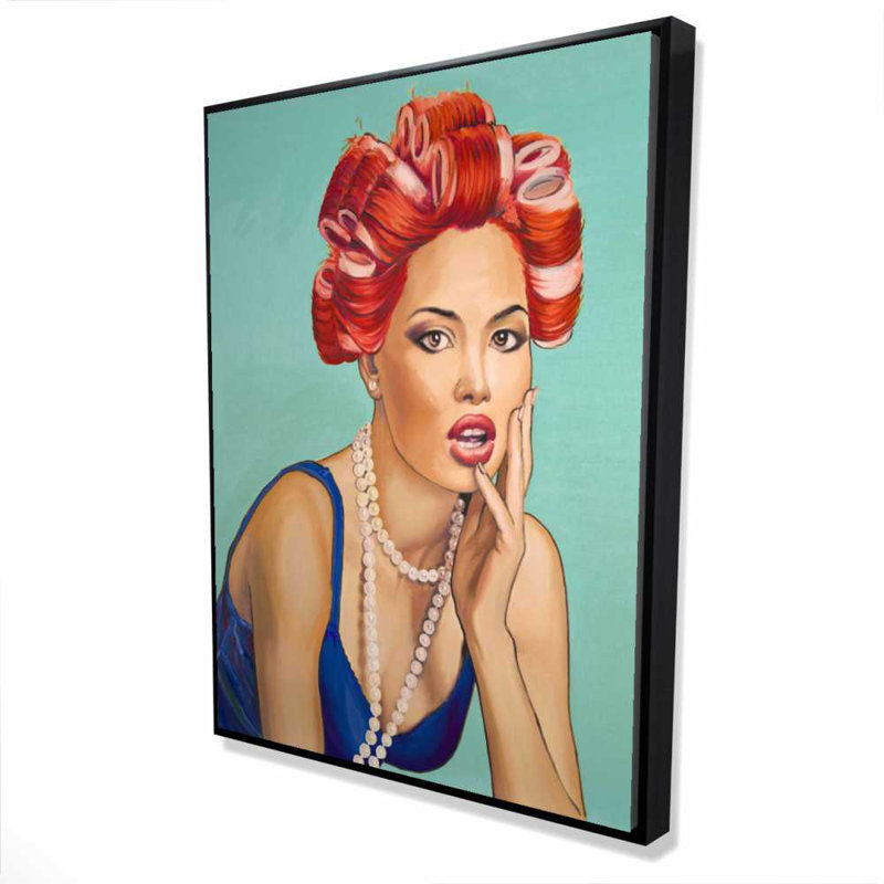 Pin Up with Curler - Art sur toile encadré bleu chambre