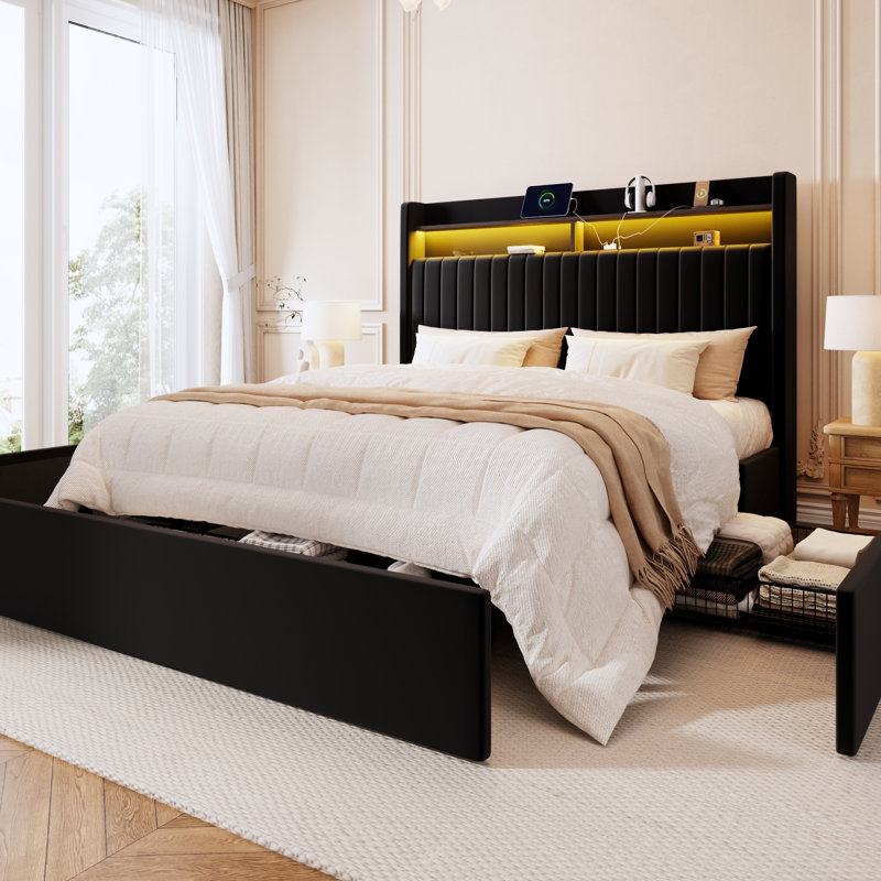 Base de lit plateforme avec rangement moderne avec tête de lit à DEL avec tablette, station de charge et 3 tiroirs, contrôle des applications