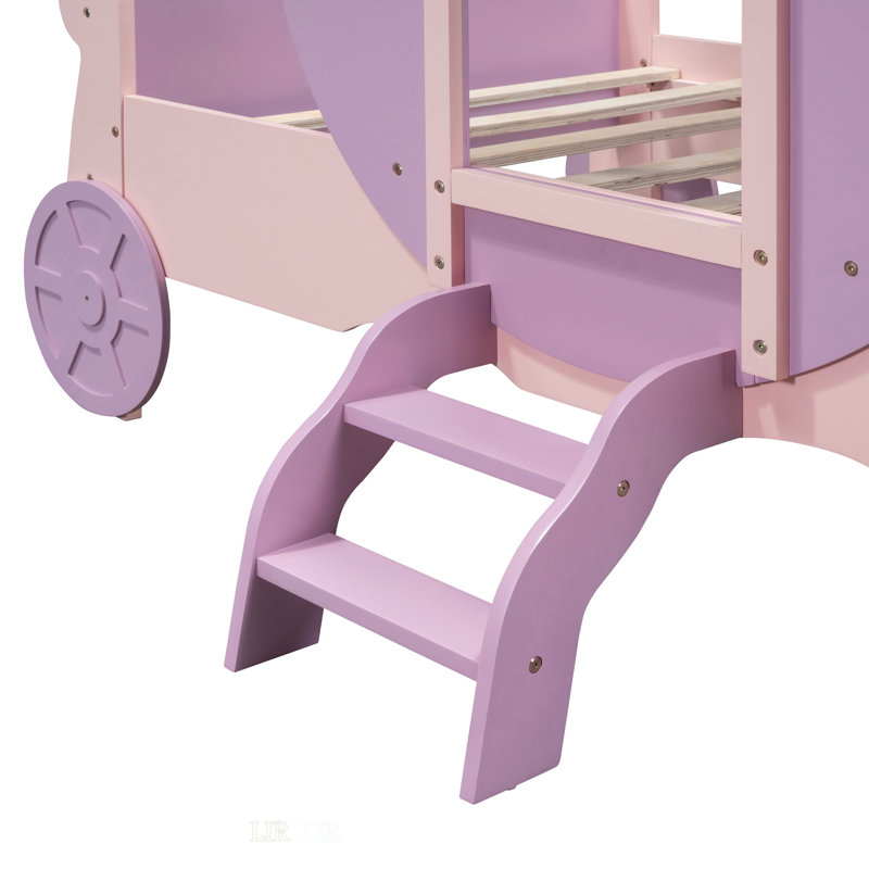 Lit simple princesse avec couronne, lit plateforme voiture en bois avec escalier, mauve et rose, Rose / Mauve