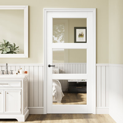 Interior 32"x80"H Clear Glass 3-Lite Primed Slab Door Prefinished Solid Core Wood Standard Door By Ark Design