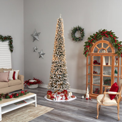  Artificial 10ft Flocked Pencil Christmas Tree With Clear Lights
