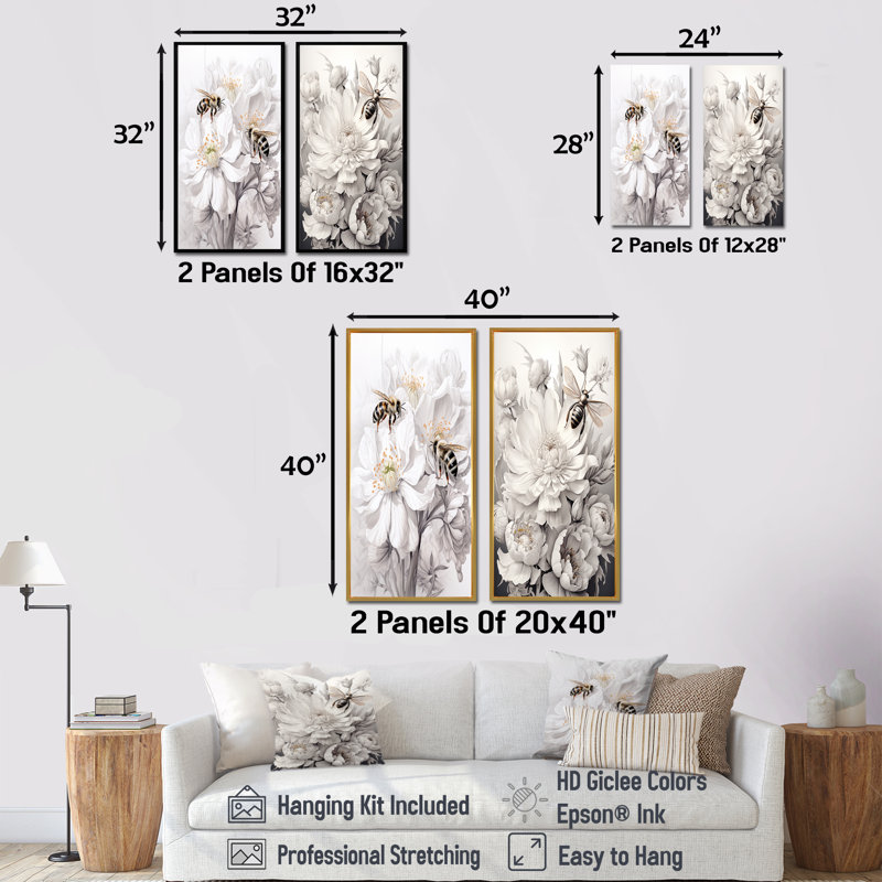 «White and Black Buzzing Bees Flowers I - Insectes & Bugs», ensemble de 2 reproductions d'art sur toile, Cadre flottant brun