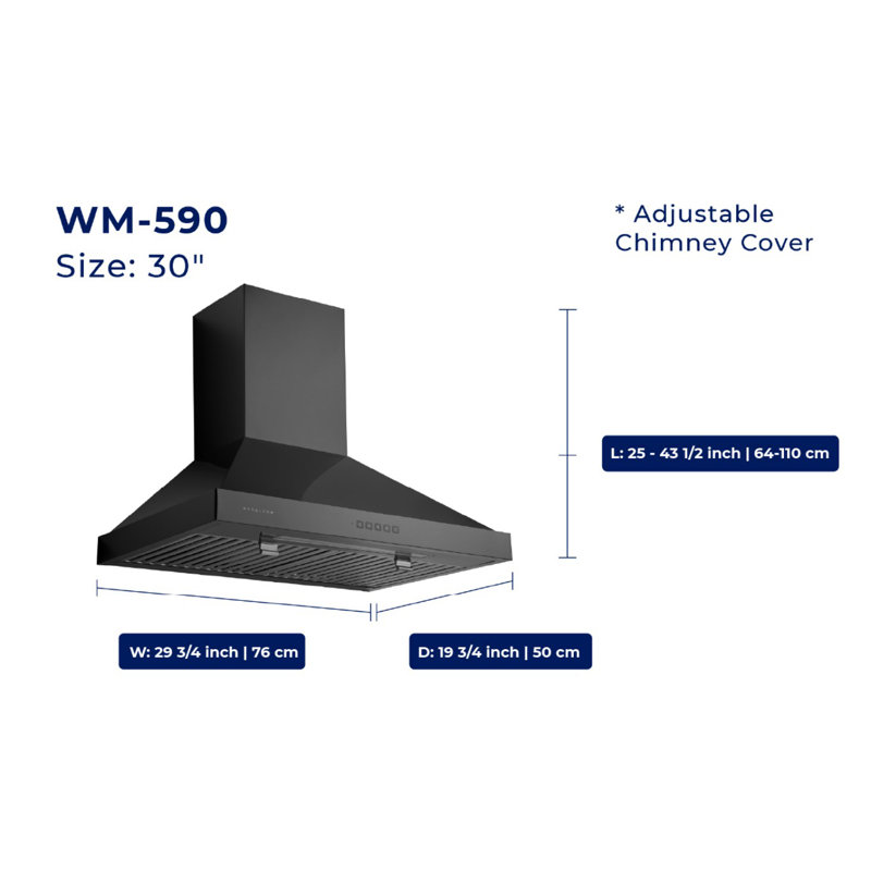Hauslane 30" Stainless Steel Convertible Wall Range Hood with Baffle Filter, Black Stainless Steel