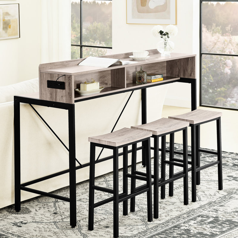 Console 59 po avec 3 tabourets, prise de courant, ambiance à DEL et fonction de rangement, faite de matériaux de haute qualité, pour la cuisine de la salle à manger Mobilier de bar 4 pièces: cadre de 59 pouces, cuisine, salon