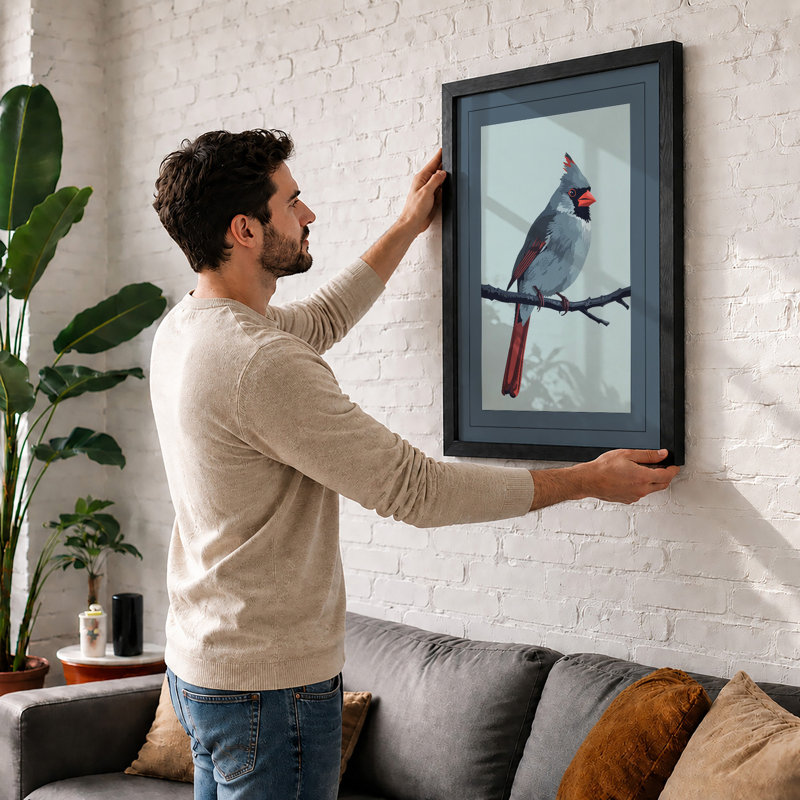 Cardinal On Branch Botanical - Print, A1 - 84.1 x 59.4 cm, Black