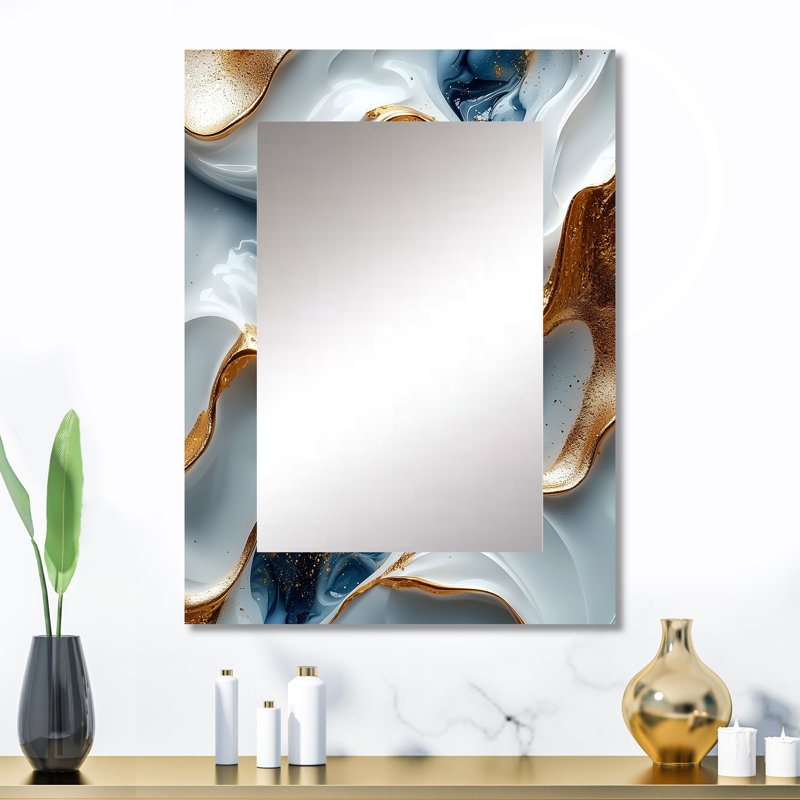 Abstrait géométrique en marbre doré et bleu en forme de V - miroir mural, miroir décoratif doré, 32 po x 24 po