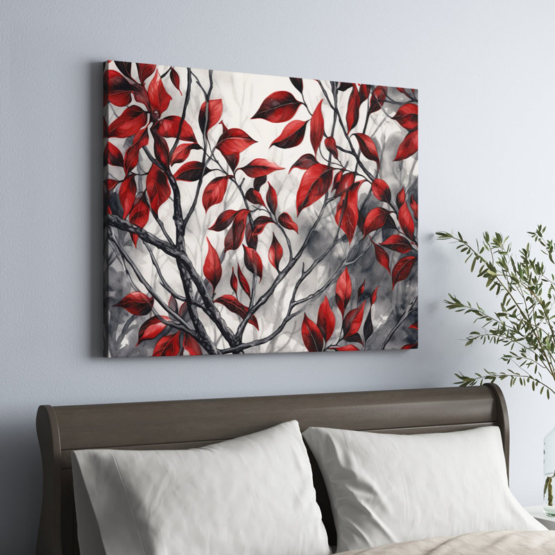 Imprimé de feuilles rouges et grises sur un arbre VI, H 34 po x l 44 po x P 1,5 po, Toile tendue