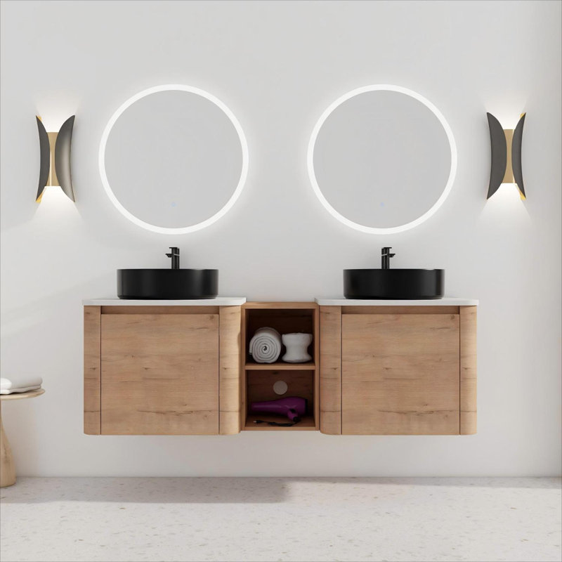 Meuble-lavabo mural 60 po avec lavabo et rangement en céramique, porte à fermeture en douceur