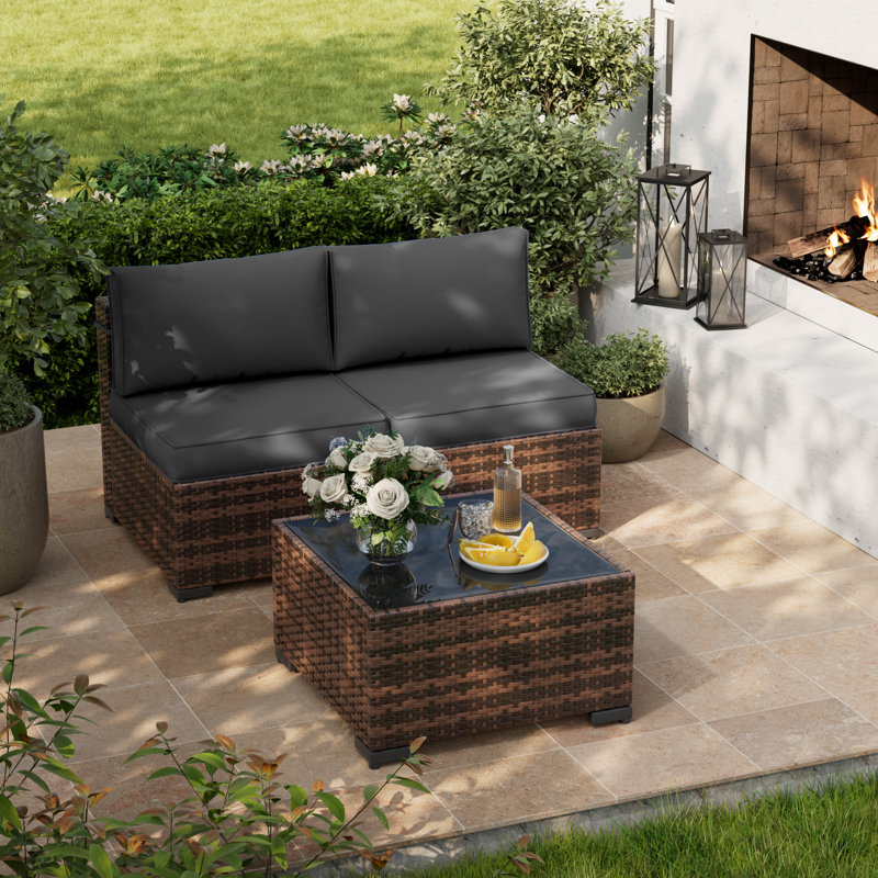 Anterion 25.2" W 3-Piece Wicker Patio Seating Group with Cushions, Gray