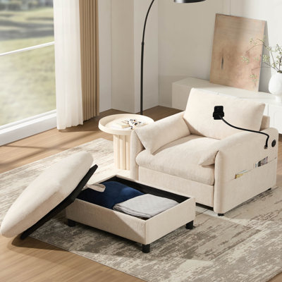Canapé simple de 38 po avec repose-pieds de rangement, support de téléphone réglable, chargeur USB, poches de rangement latérales, accoudoirs en forme d'oreiller, méridienne large pour salon et appartement, chenille
