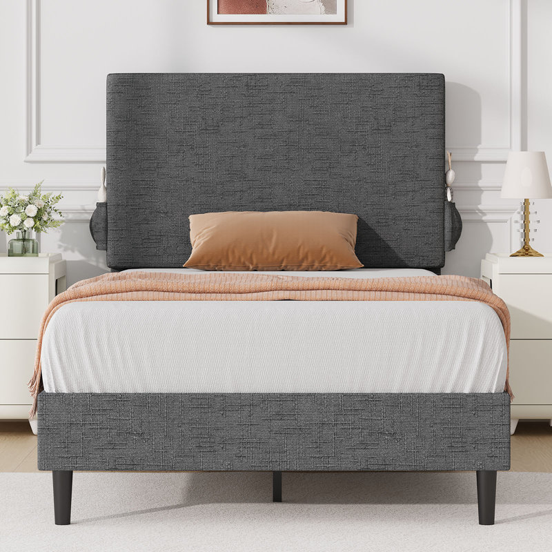 Structure de lit plateforme en chenille avec tête de lit tapissier, Gris foncé