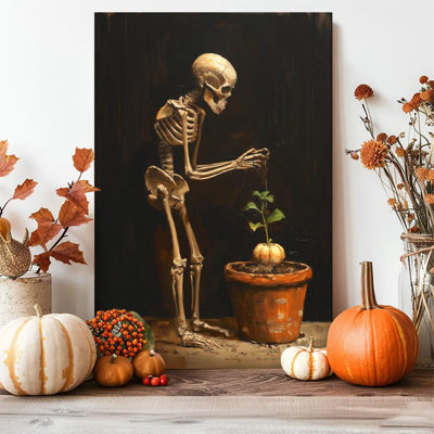 1pc, impression sur toile encadrée, Halloween, squelette, arrosage, citrouille, art, impression sur toile, peinture pour salon, chambre, bureau, salle de bain, dortoir, prêt à accrocher