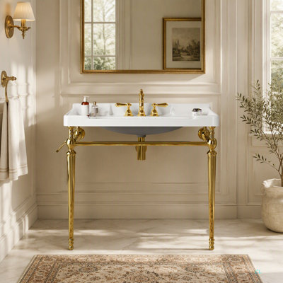 Lavabo de console de salle de bain 36 po, meuble-lavabo mural en céramique avec 3 trous de robinet pré-percés, pieds de support autoportants en acier inoxydable avec barre à serviettes, sans robinet ni couvercle de lavabo