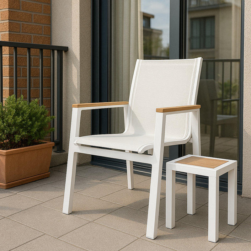 Fauteuil de patio empilable Lajoy, Blanc, Blanc, Brun