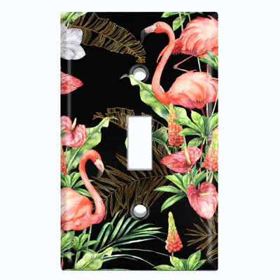 Metal Light Switch Plate Outlet Cover (Pink Flamingos Pink Flower Leaves Black Gold - Single Toggle)
