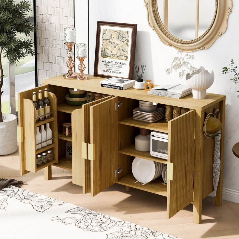  Buffet 57,5 "avec rangement à 3 portes de style Mid-Century pour cuisine et salle à manger, naturel, Tanné