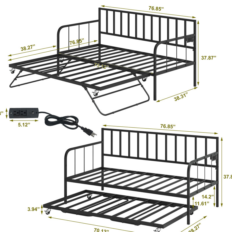 Twin Daybed With Trundle, Metal Bed Frame For Bedroom And Living Room, Space Saving, Elegant Style, Steel Support, Under - Storage, Simple Assembly Procedure Room Bedroom, Classic Design, Heavy Duty