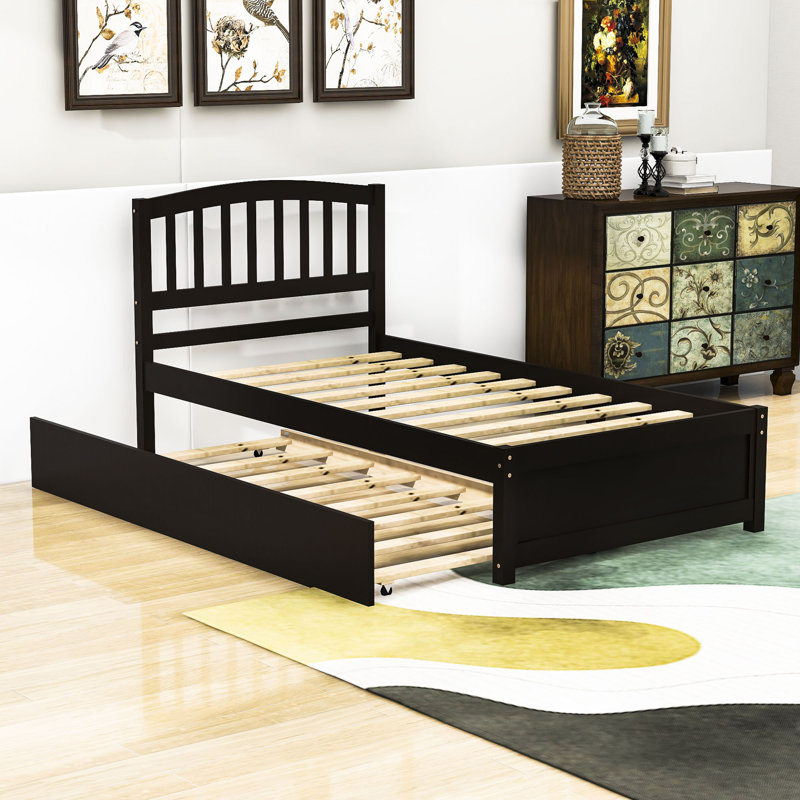 Twin Size Wooden Platform Bed with Trundle, Espresso
