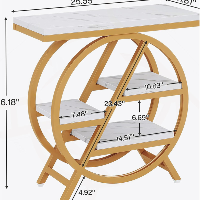 Table de bout moderne à 3 niveaux en faux marbre moderne avec rangement, structure en métal doré pour petits espaces et décor contemporain