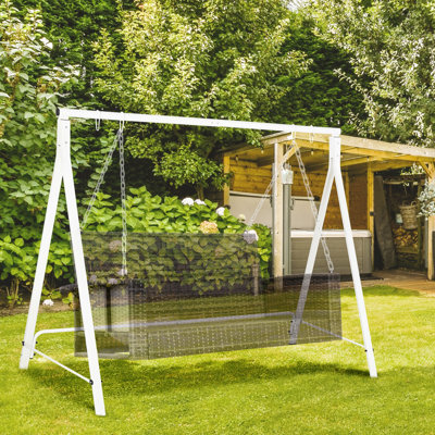 Cadre de balançoire robuste, capacité de 528 lb, blanc, idéal pour un patio en bois blanc