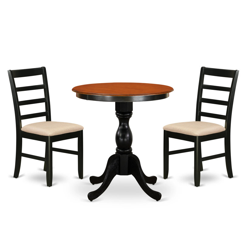 L'ensemble de mobilier de salle à manger 3 pièces comprend une table ronde avec piédestal et 2 chaises rembourrées en tissu de lin, 30 po x 30 po, noir et cerisier