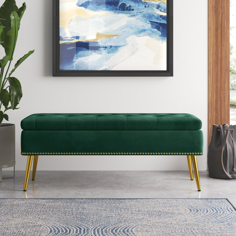 Banc de rangement rembourré en velours Kajana, Velours vert