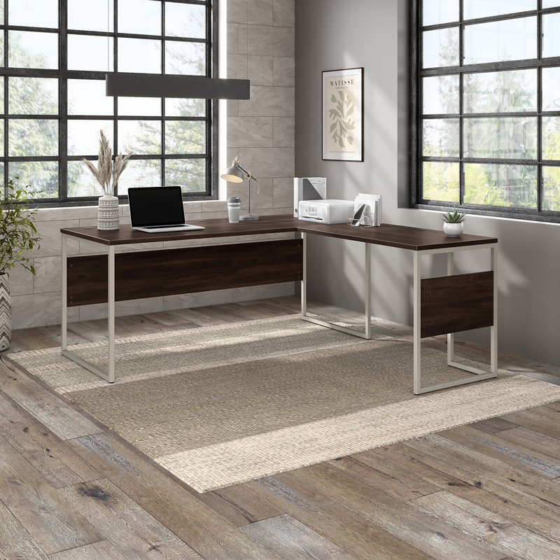 Hybrid L-Shaped Computer Desk Office Set in Black Walnut - Reversible, Brown