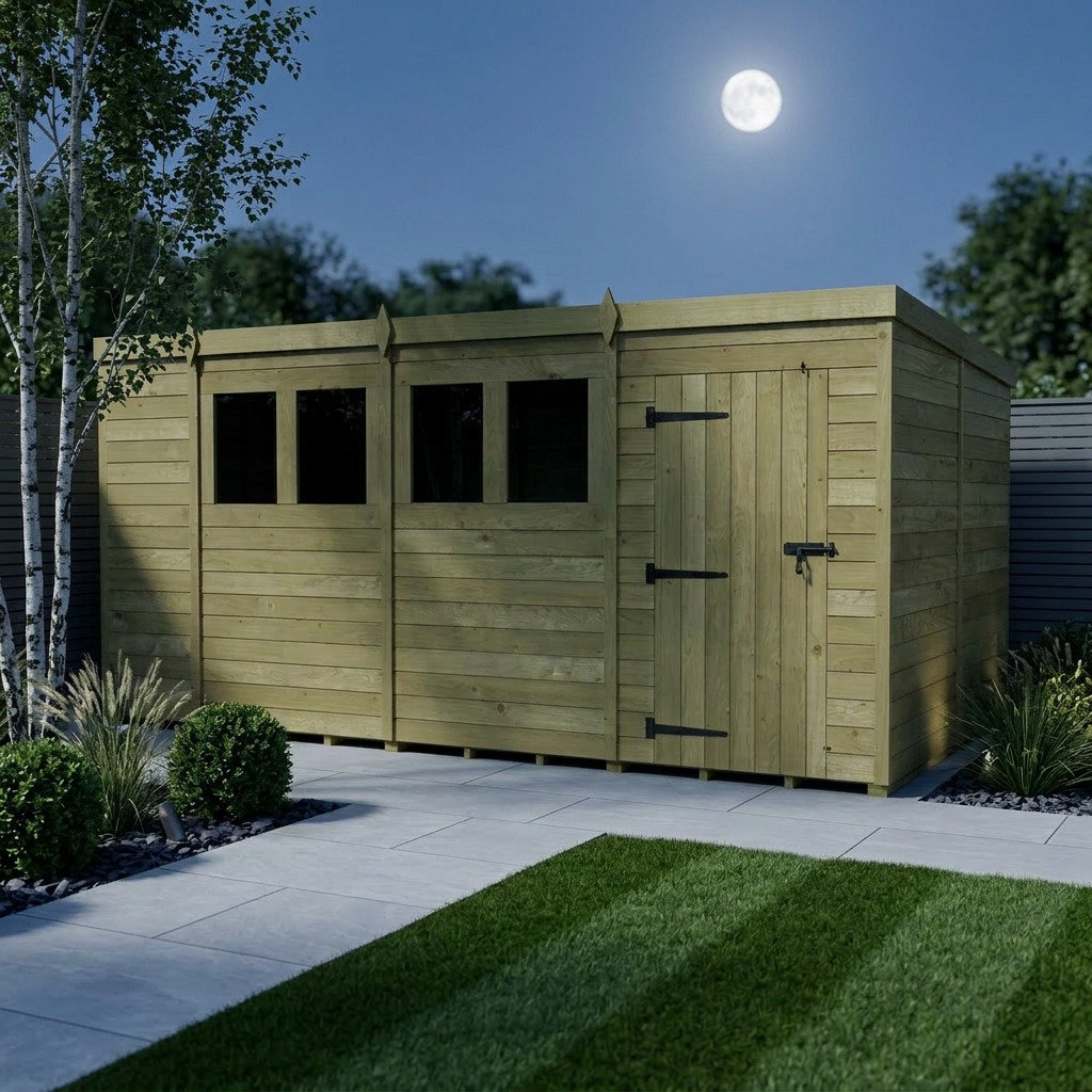 Total Sheds 14ft x 8ft Pent Garden Shed - Single Door - With Windows - Pressure Treated Timber - UK Manufactured