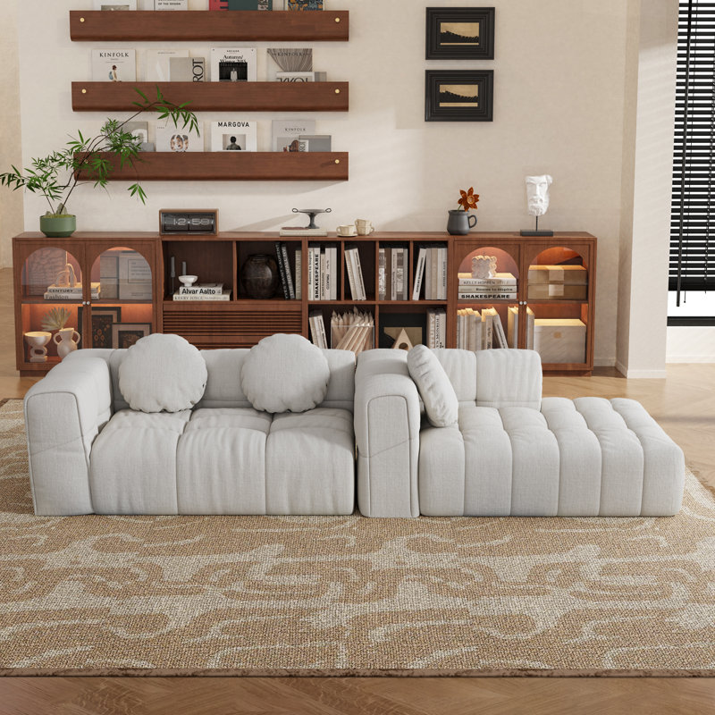 Off-White 103" Boneless L-Shaped Sofa with Chaise Recliner - Contemporary Reclining Sofa, Right Hand Facing, White Polyester