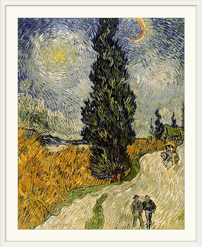 «Road with Cypresses, 1890» par Vincent Van Gogh, reproduction d'art, H 23 po x l 20 po x P 1 po, Cadre blanc